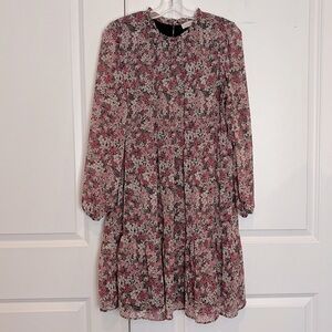 LOFT Black Pink Floral Long Sleeve Ruffle Neck Tier Dress L